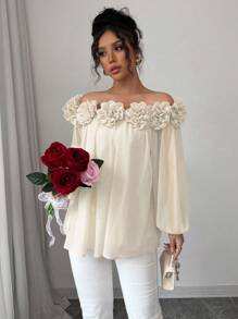 Airlisse Blusa elegante da donna a spalle scoperte in chiffon, tessuto in chiffon liscio e opaco con dettaglio floreale 3D, versatile per uso quotidiano, appuntamenti e feste, maniche lunghe
