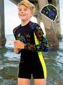 Tween Boys' Video Game Printed Raglan Sleeve With Long Sleeve And Jammer Swimsuit Summer Holiday