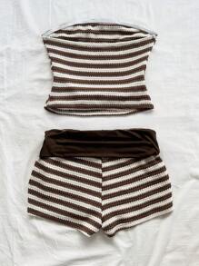 Soleia 2pcs Set: Ruched Bandeau & Low Waist Shorts In Red & White Contrast Color, Textured Crochet Knit, For Vacation,Summer Sets