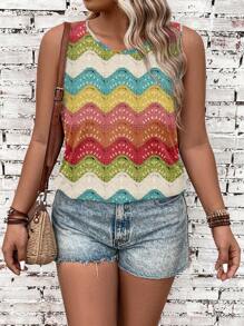 Knitted Print Pattern Loose Fit Plus Size Women Crew Neck Tank Top, Suitable For Music Festivals & Summer - Multicolor - View 5