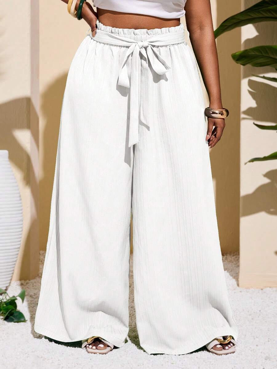 Slaydiva Plus Size Women Casual & Holiday & Minimalist & Colorful Textured Striped Green Straight Leg Pants - White - View 1