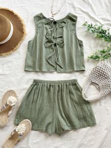 Soleia Women's Vacation Casual Loose Backless Tie Textured Fabric A-Line Tank Top & Elastic Waist Shorts With Pockets, For Beach & Seaside