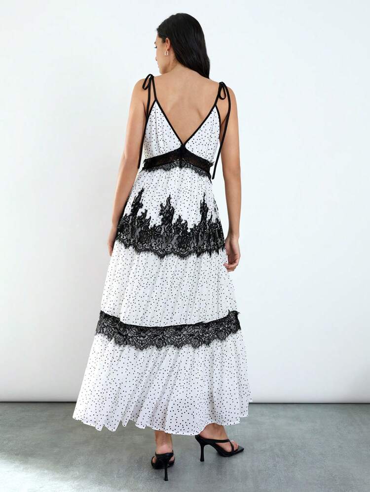 SHEIN Maija 2015 Summer New Music Festival Party Graduation Beach Resort Brunch Outfit Cruise Ship Vintage Bohemian Style Black Lace Polka Dot Print Tie-Up Elegant Long Dress For Women