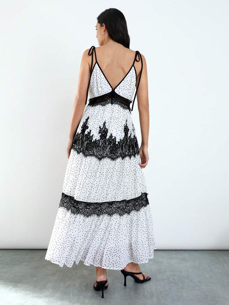 SHEIN Maija Women's Elegant Summer Vacation White And Black Polka Dot Long Dress,Vintage Bohemian Black Lace Tie-Up Beach Resort Cruise Ship Party Brunch Outfit