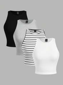 SHEIN EZwear 1 Set Plus Size Women's Casual Striped Camisole, Versatile & Sexy Fitted Tank Top For Summer Back To School