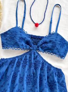 Soleia Navy Blue Woven Embroidered Cutout Strap Cinched Waist A-Line Mini Dress, Vacation Wear For Women