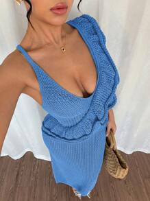 Elenzga Women's Ruffled Asymmetrical V-Neck Sweater Dress