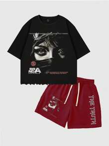 ROMWE MEN Street Life Men Loose Dropped Shoulder Short Printed T-Shirt Set - Burgundy - View 7