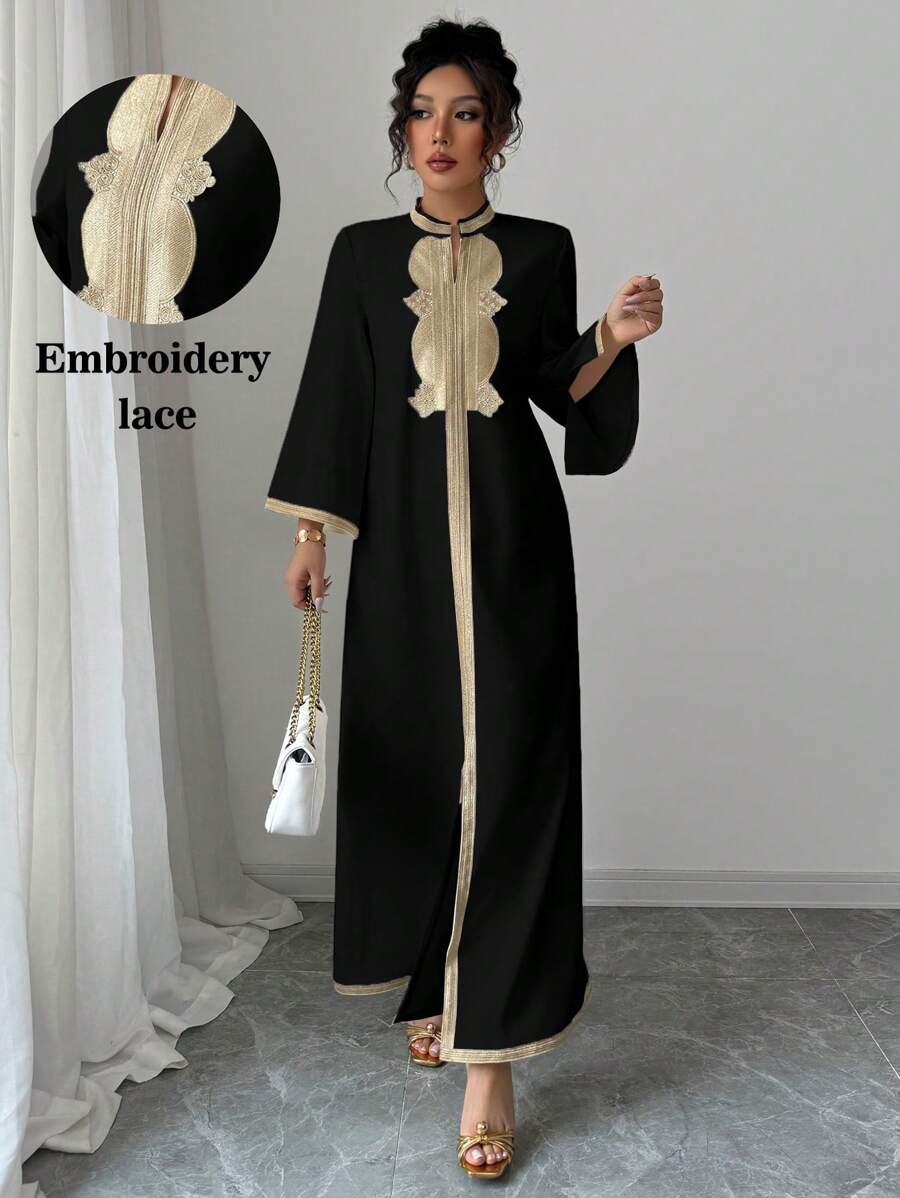 Elenzga 女士优雅 V 领刺绣蕾丝拼布开衩连衣裙 - 黑色 - 查看 1