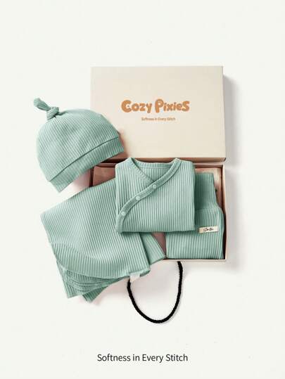 Cozy Pixies حديثي الولادة فتاة 4 قطع/طقم ملابس داخلية من الكروشيه الناعم بطبعات حيوانات كرتونية ، بأكمام طويلة ، بطانية للقدمين وبنطال ،قبعة وبطانية تقميط