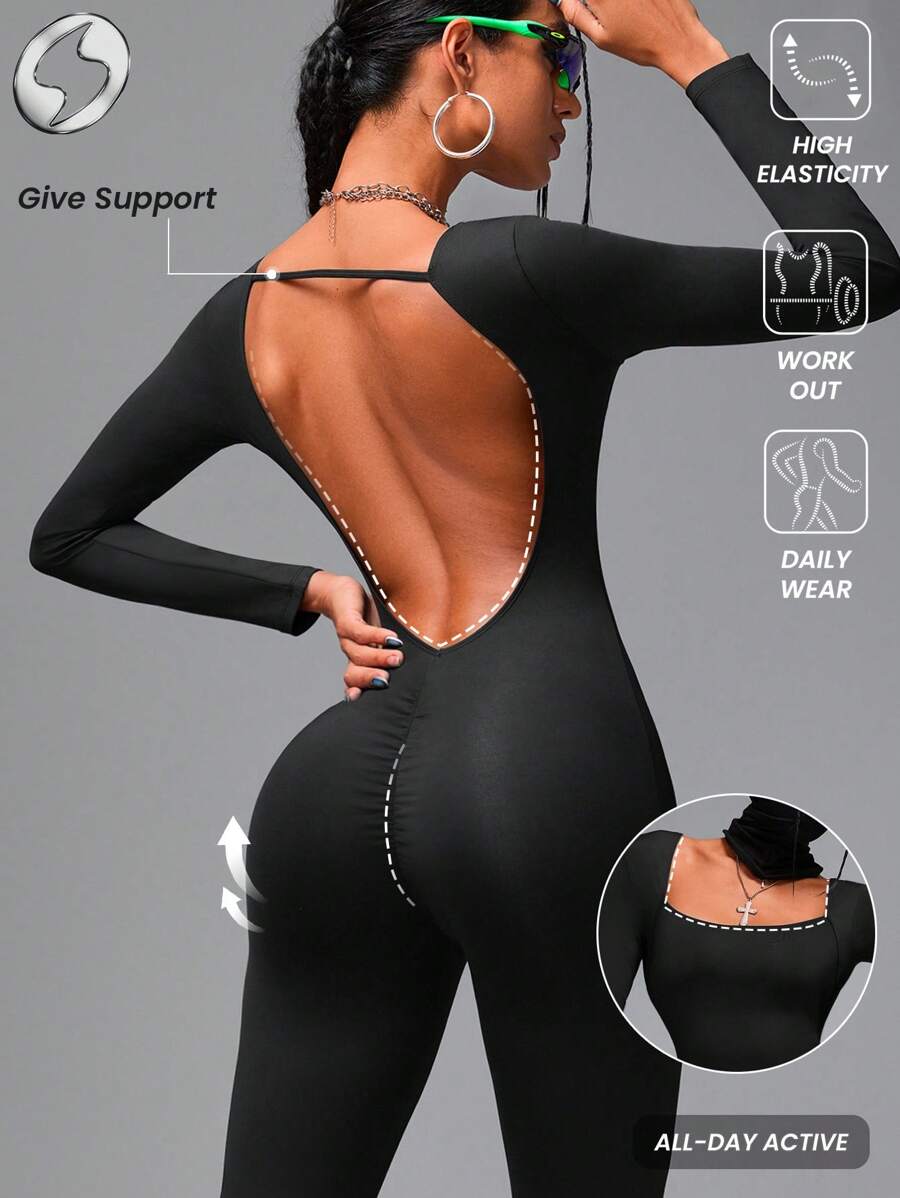 Innovista Mono de mujer de manga larga, sexy con espalda descubierta, mono ajustado, mono negro para hacer ejercicio, monos para mujer, mono, conjuntos de ropa de tenis para mujer, mallas de control de abdomen y levantamiento de glúteos, yoga, gimnasio, motociclista, spandex