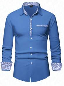 Calvornis Loose Fit Men's Floral Printed Button Up Shirt, Fall - Blue - View 6