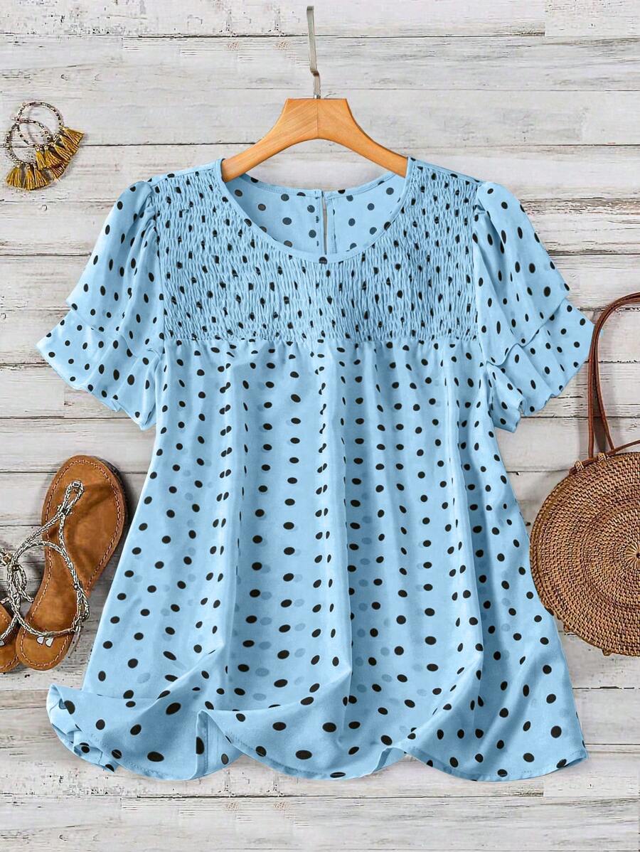 SHEIN LUNE Plus Size Women Polka Dot Ruched Sleeves Casual Daily Blouse - Blue - View 1
