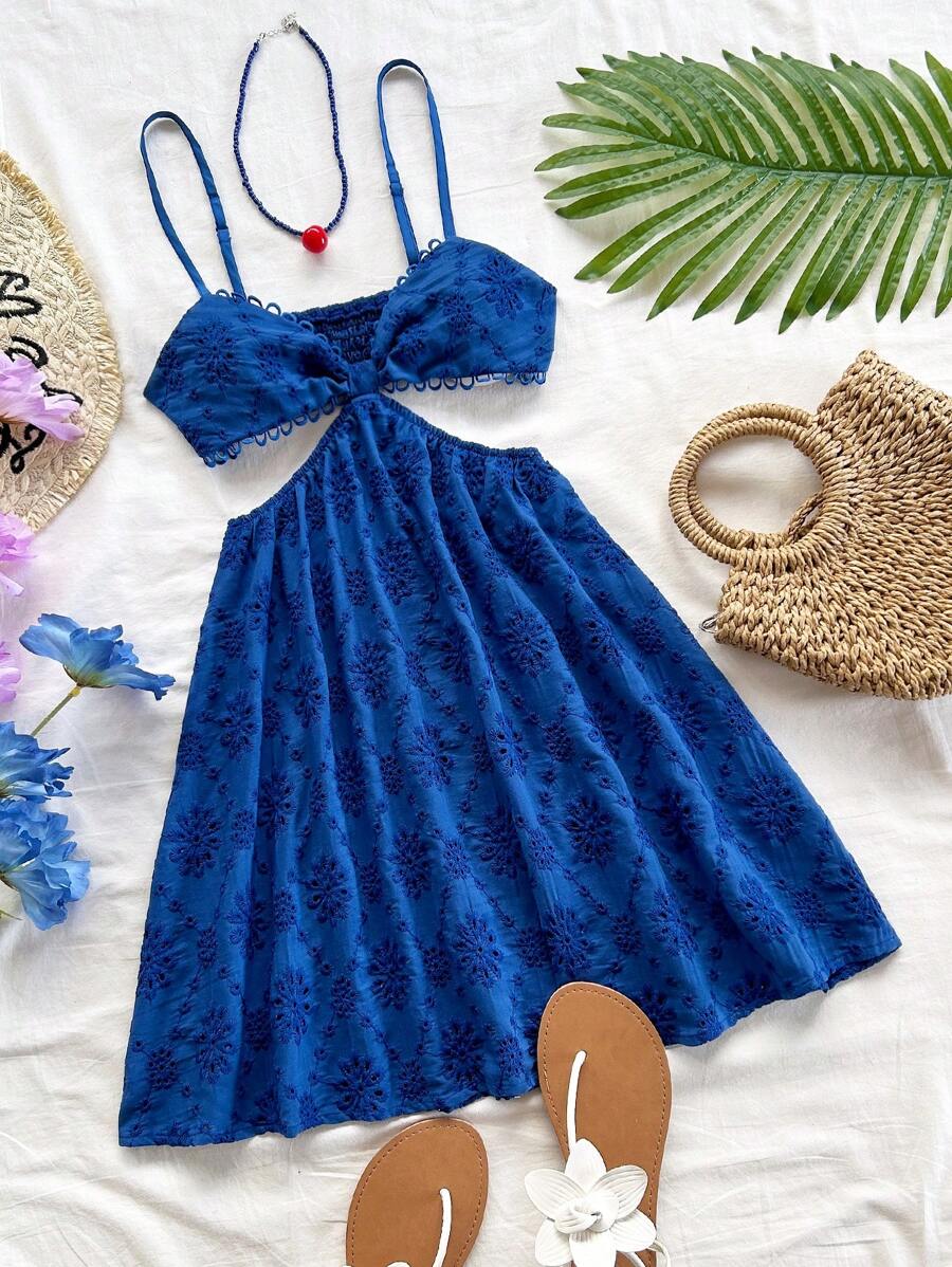 Soleia Navy Blue Woven Embroidered Cutout Strap Cinched Waist A-Line Mini Dress, Vacation Wear For Women