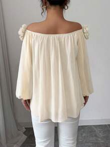 Airlisse Blusa elegante da donna a spalle scoperte in chiffon, tessuto in chiffon liscio e opaco con dettaglio floreale 3D, versatile per uso quotidiano, appuntamenti e feste, maniche lunghe
