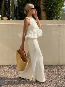Livesso 2Pcs/Set Women's Summer Vacation Casual Solid Color Ruffled Hem Top And Pants Set - Apricot - View 6