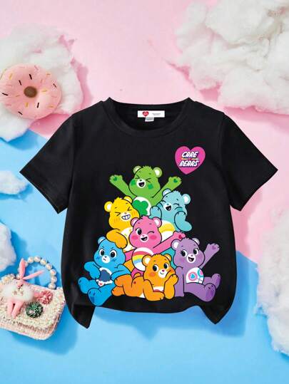 SHEIN X Care Bears 年轻女孩卡通熊印花短袖圆领 T 恤