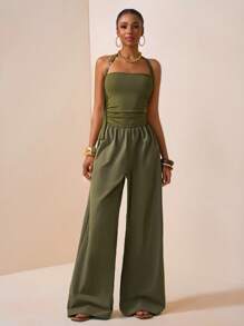 Zivah 2025 Spring And Summer New Casual Vacation Halter Tube Top Side Gathered Workwear Long Jumpsuit, Suitable For Daily Outings, Sailing And Sunny Vacations, Parties, Music Festivals, Old Money Style, Olive Green-B