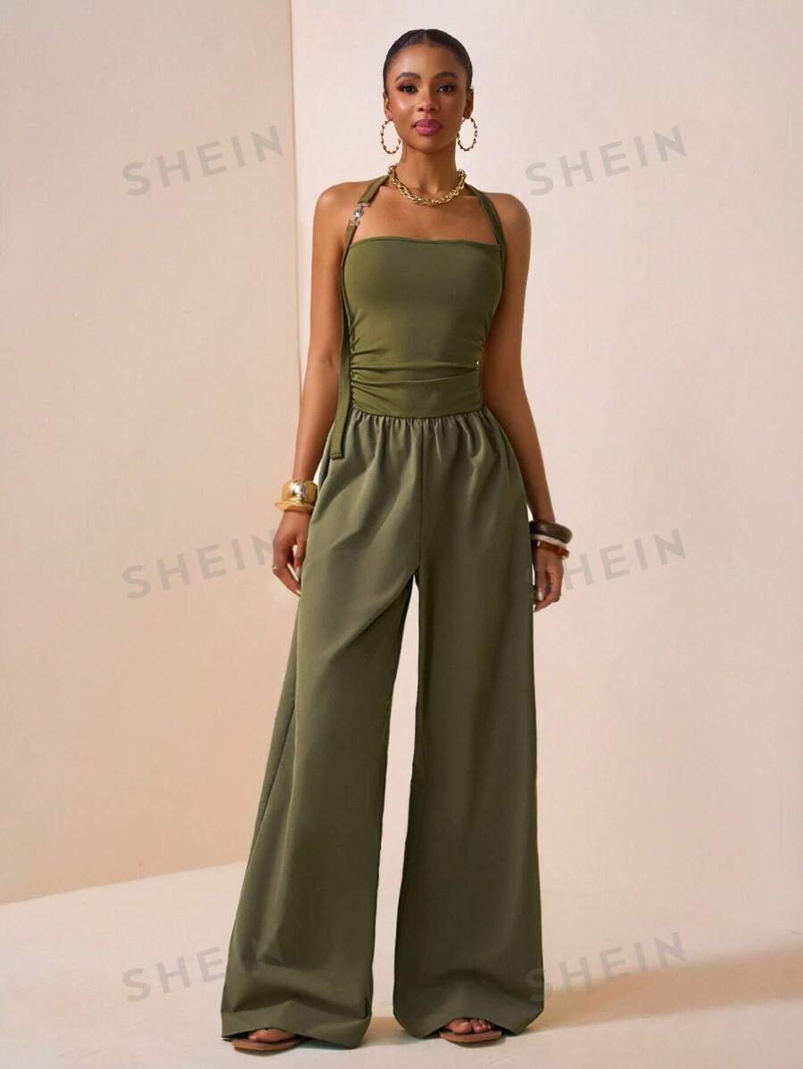 Zivah Mono largo de verano y primavera de 2025 con línea alta y recogido lateral, apropiado para salidas diarias, navegación y vacaciones soleadas, fiestas, festivales de música, estilo old money, verde oliva-B - Verde Oliva - Ver 1