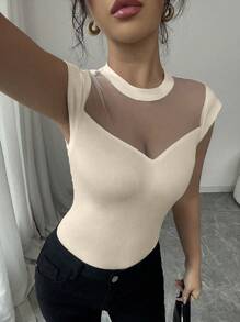 Elenzga Women's Summer Elastic Knit Mesh Fitted T-Shirt - Apricot - View 3