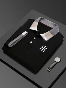 Manfinity Homme Men's Casual Embroidered Rib Collar Short Sleeve Polo Shirt, Boyfriend Gifts, For Golf