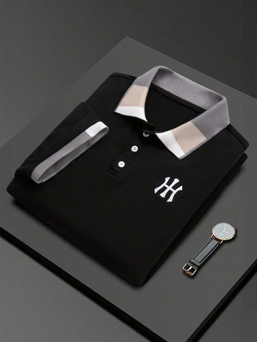 Manfinity Homme Men's Casual Embroidered Rib Collar Short Sleeve Polo Shirt, Boyfriend Gifts, For Golf