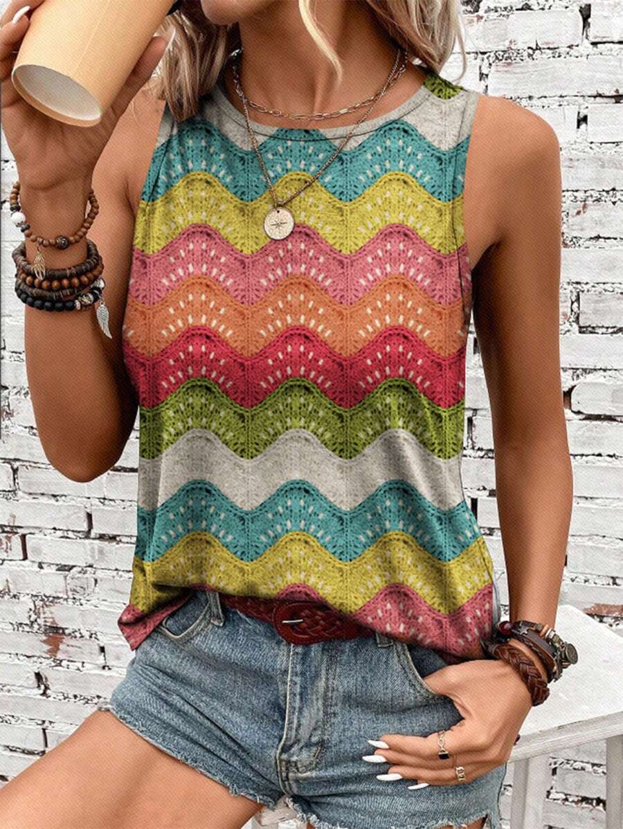 Knitted Print Pattern Loose Fit Plus Size Women Crew Neck Tank Top, Suitable For Music Festivals & Summer - Multicolor - View 1