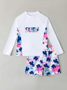 Tween Boy Coconut Tree Printed Long Sleeve Shorts Swimsuit Set
