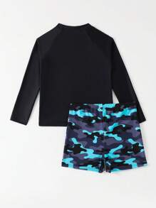 Tween Boy Summer Vacation Letter Camo Print Raglan Sleeve Top And Shorts Swimsuit Set, Random Print Kids Swimming ,Kids Beachwear - Multicolor - View 2