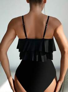 Swim Lushoire Set de bikini de 2 piezas con top con volantes y Bottom de estampado de leopardo de talle alto para mujer, perfecto para vacaciones de verano - Negro - Ver 2