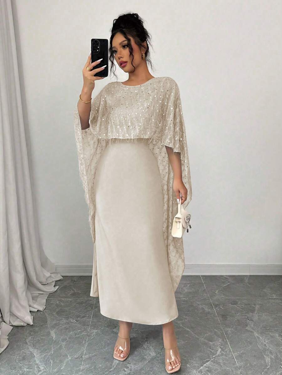 Elenzga Elegant Sequin Textured Cape Decor Dress - Apricot - View 1