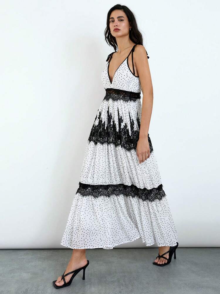 SHEIN Maija 2015 Summer New Music Festival Party Graduation Beach Resort Brunch Outfit Cruise Ship Vintage Bohemian Style Black Lace Polka Dot Print Tie-Up Elegant Long Dress For Women