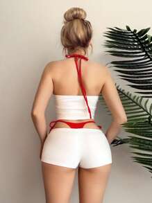 EgrlEra 2pcs/Set Atasan Slip Wanita Motif Blok Warna + Celana Pendek Super Pendek - Putih - View 4