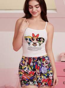 THE POWERPUFF GIRLS X SHEIN Conjunto de pijama con top de tirantes y pantalones cortos con estampado de flores, burbujas y ranúnculos para mujer