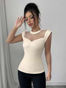 Elenzga Women's Summer Elastic Knit Mesh Fitted T-Shirt - Apricot - View 4