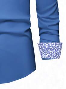 Calvornis Loose Fit Men's Floral Printed Button Up Shirt, Fall - Blue - View 5