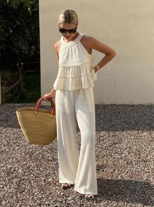 Livesso 2Pcs/Set Women's Summer Vacation Casual Solid Color Ruffled Hem Top And Pants Set - Apricot - View 7