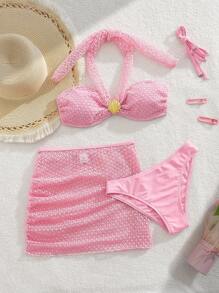 Swim Vcay Pink Mesh Patchwork Solid Color Strapless Sweet Vacation Bikini Set, 3 Pieces - Pink - View 7