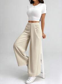 SHEIN X Scheana SHEIN PETITE CURVE 大码纯色时尚裤，适合夏季 - 杏色 - 查看 5