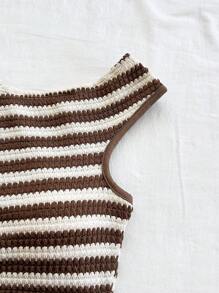 Soleia 2pcs/Set Women's Red & White Striped Knit Crop Top And Super Low-Waist Bodycon Shorts Set, Vacation, Party, Christmas, Valentine's Day, Date, Beach, Cruise, Carnival, Easter, Chinese New Year - Multicolor - View 3