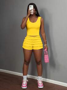 Slaydiva Y2K Sweet Cute Casual Basic Pink Solid Tank Top With Multi-Layered Ruffle Shorts, Women's 2 Pieces Set - Yellow - View 3