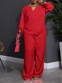 Slaydiva Plus Size Women Casual Solid Notch Neck Long Sleeve Top And Pants 2 Pieces Set Fall - Red - View 7