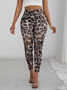 SHEIN Clasi Fashionable Leopard Print Distressed Leggings - Multicolor - View 1