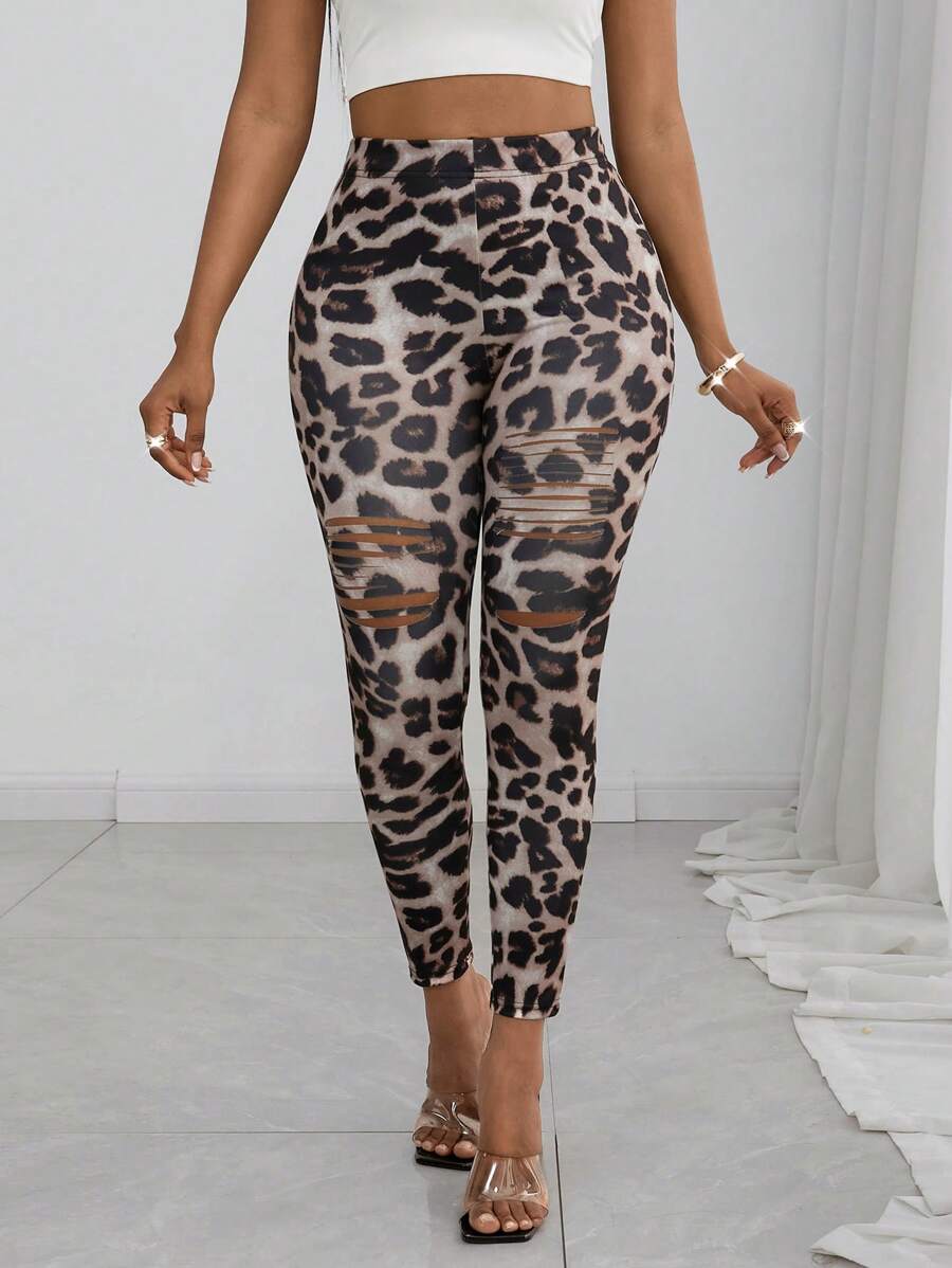 SHEIN Clasi Fashionable Leopard Print Distressed Leggings - Multicolor - View 1