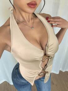 SHEIN Unity Solid Color Lace-Up Metal Accessory Women Camisole Top With Side Slit - Khaki - View 6