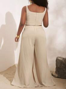 Veslaya Completo estivo 2 pezzi composto da top con laccetti a forma di lisca di pesce e pantaloni a gamba ampia con tasche, in tessuto strutturato, per donna con taglie forti