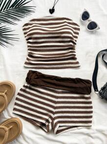 Soleia 2pcs Set: Ruched Bandeau & Low Waist Shorts In Red & White Contrast Color, Textured Crochet Knit, For Vacation,Summer Sets