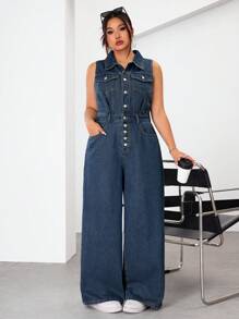 SHEIN EZwear Macacão Denim Lavado Casual Plus Size de Perna Larga e Sem Mangas - Azul - Visão 1