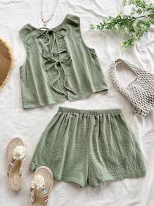 Soleia Women's Vacation Casual Loose Backless Tie Textured Fabric A-Line Tank Top & Elastic Waist Shorts With Pockets, For Beach & Seaside