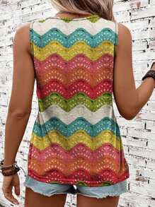 Knitted Print Pattern Loose Fit Plus Size Women Crew Neck Tank Top, Suitable For Music Festivals & Summer - Multicolor - View 2